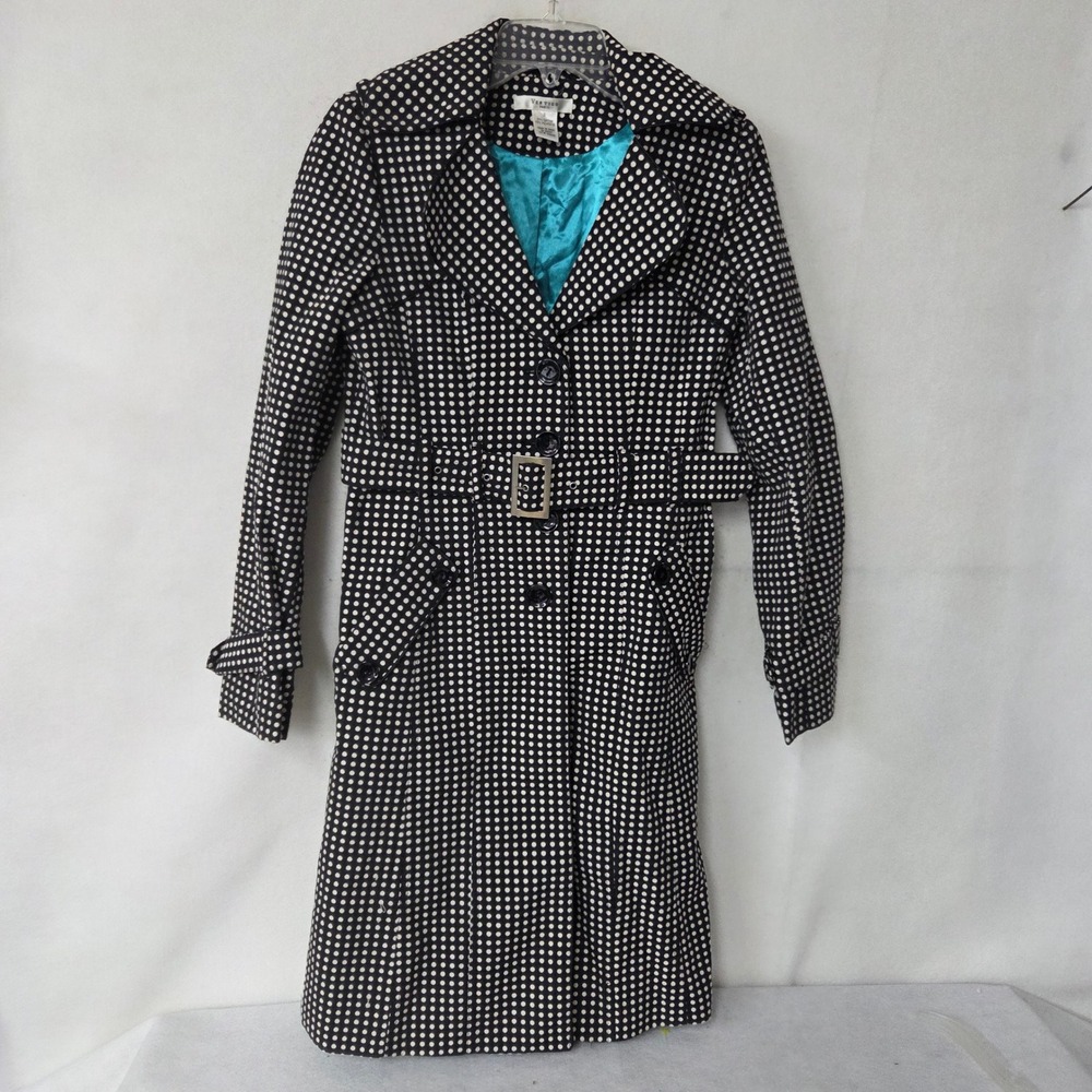 Vertigo Paris Black White Polka Dot Trench Coat Belted Double Breasted Women's S